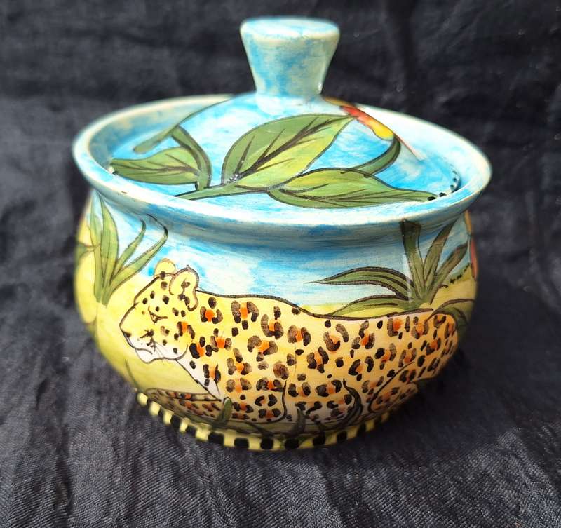 Water Berry Pottery Zimbabwe Lidded Sugar Bowl Leopard Design