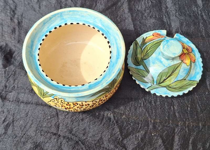 Water Berry Pottery Zimbabwe Lidded Sugar Bowl Leopard Design
