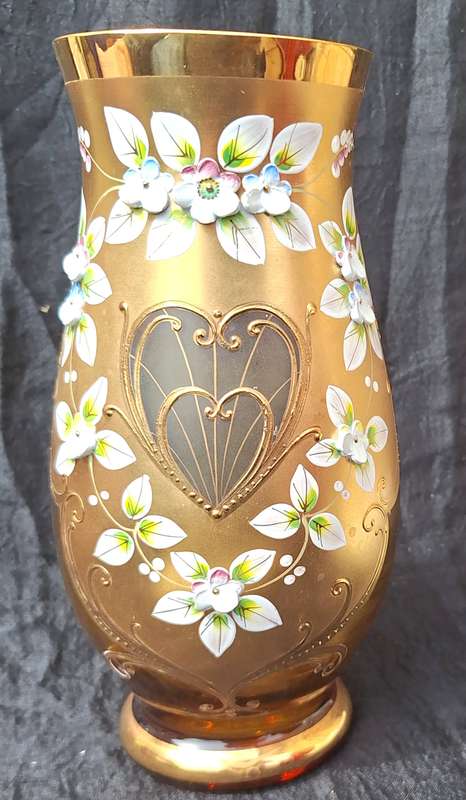 Vintage Bohemian Brown Glass Vase Gold Guild and Hand Painted Flowers