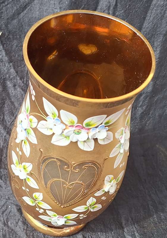 Vintage Bohemian Brown Glass Vase Gold Guild and Hand Painted Flowers