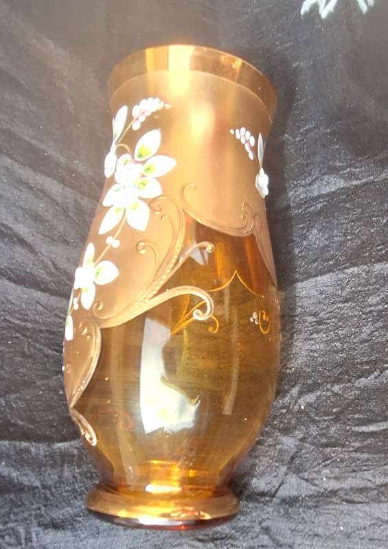 Vintage Bohemian Brown Glass Vase Gold Guild and Hand Painted Flowers