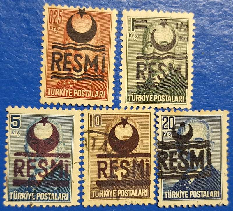 Turkey 1950's Overprint RESMI Mixed Lot of 5 Official stamps 3 Used 2 Unused