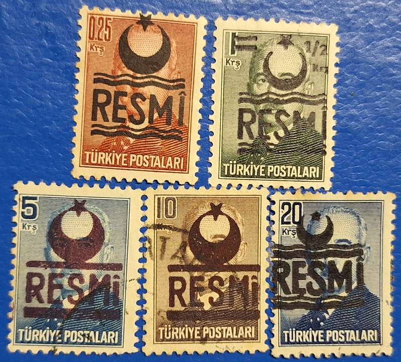 Turkey 1950's Overprint RESMI Mixed Lot of 5 Official stamps 3 Used 2 Unused