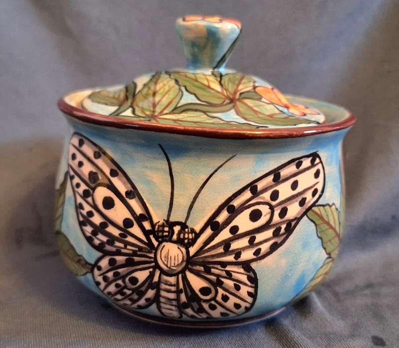 Water Berry Pottery Zimbabwe Lidded Sugar Bowl Butterfly Design