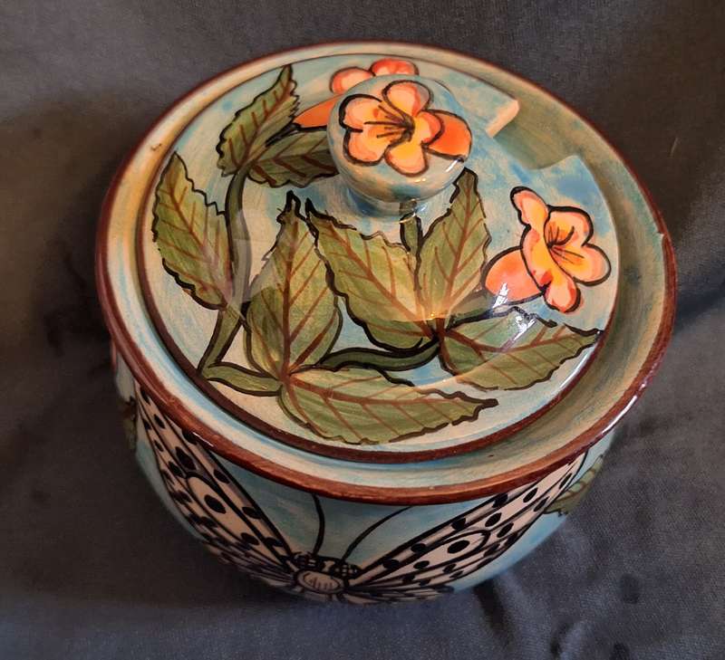 Water Berry Pottery Zimbabwe Lidded Sugar Bowl Butterfly Design