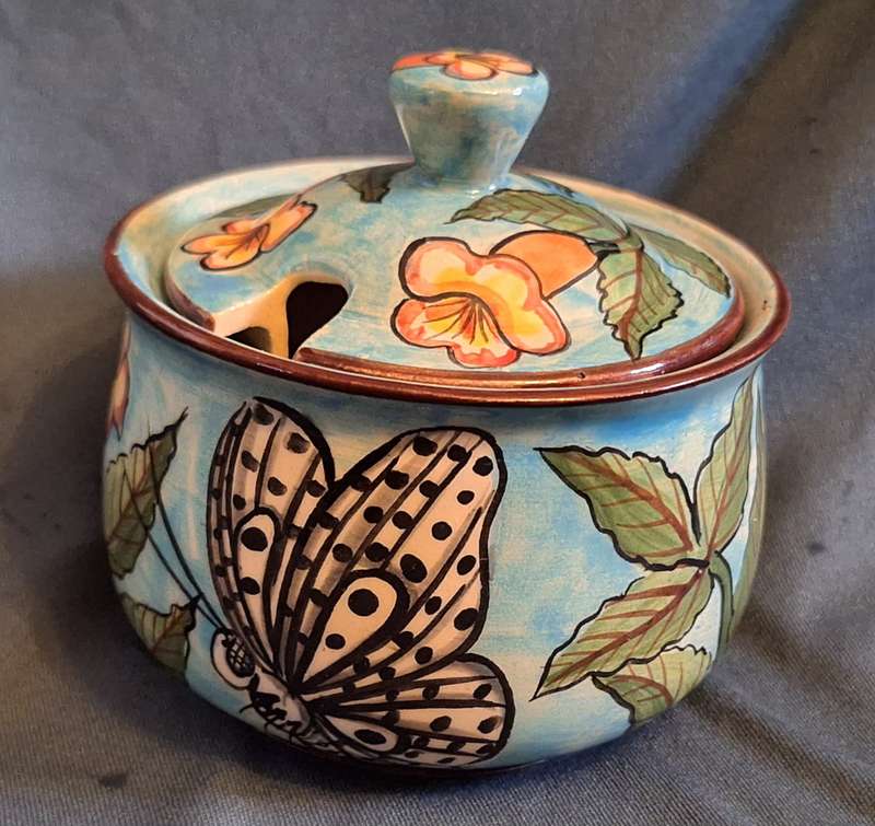 Water Berry Pottery Zimbabwe Lidded Sugar Bowl Butterfly Design