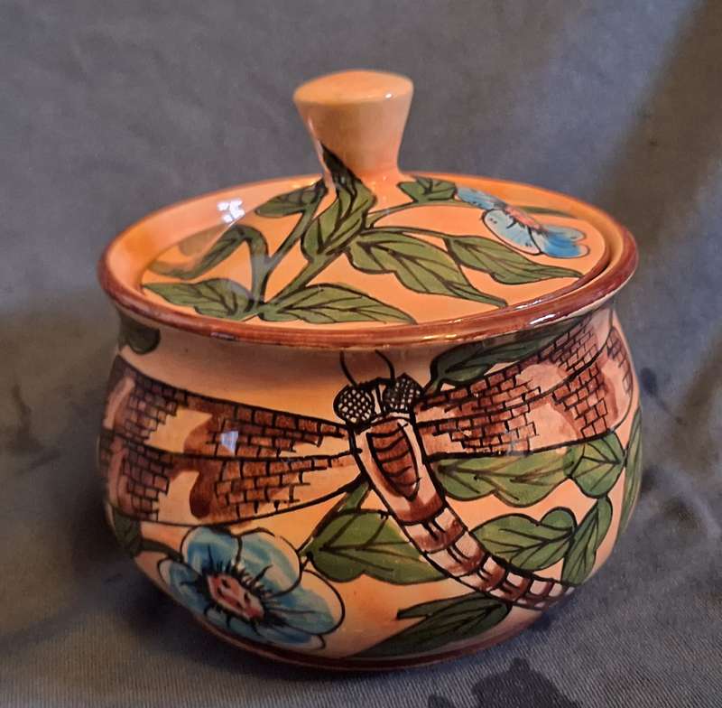 Water Berry Pottery Zimbabwe Lidded Sugar Bowl Dragonfly Design