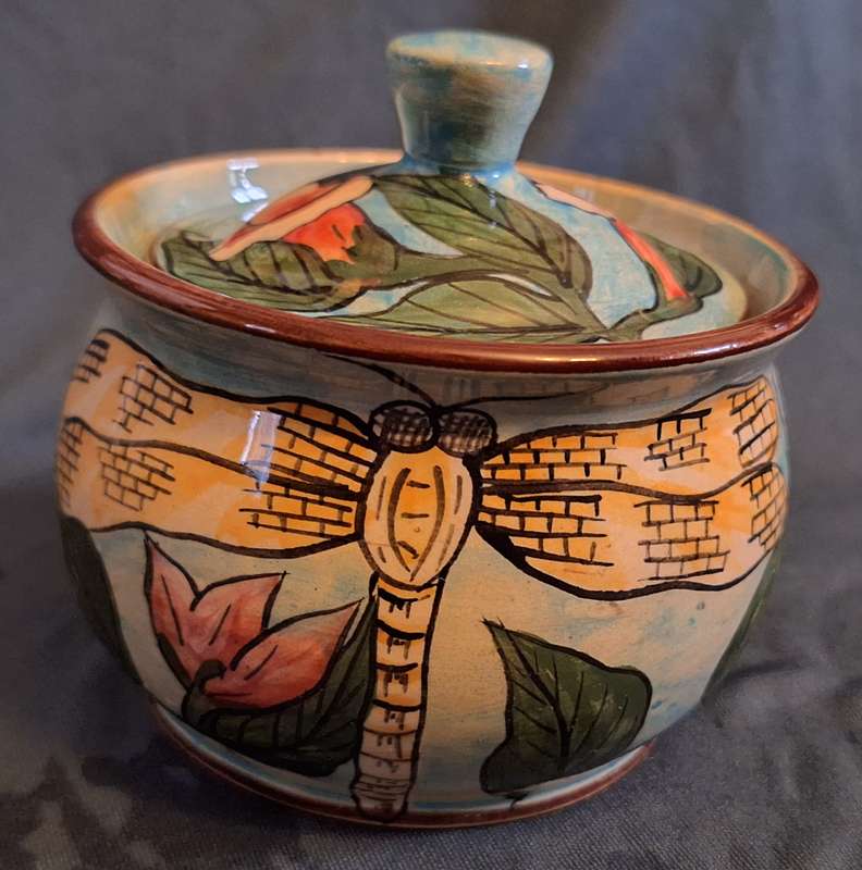 Water Berry Pottery Zimbabwe Lidded Sugar Bowl Dragonfly Design