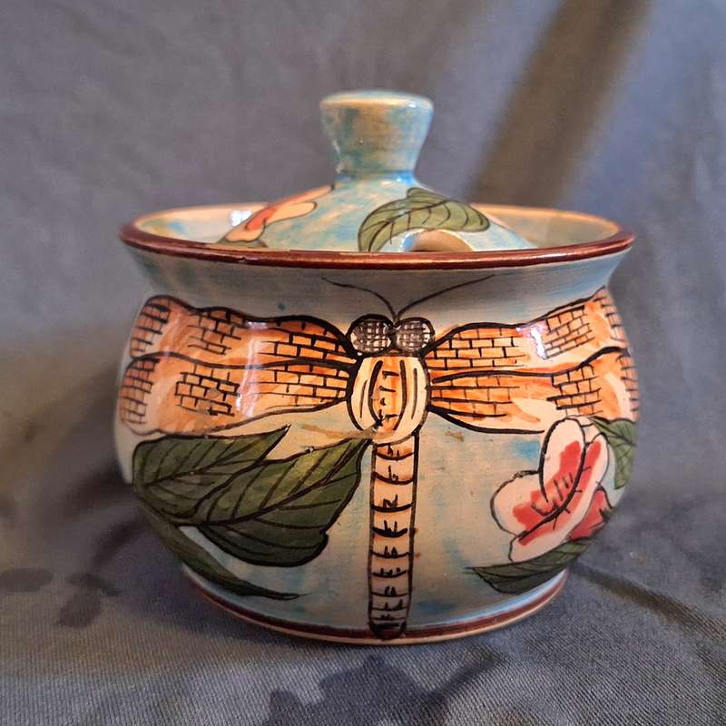 Water Berry Pottery Zimbabwe Lidded Sugar Bowl Dragonfly Design