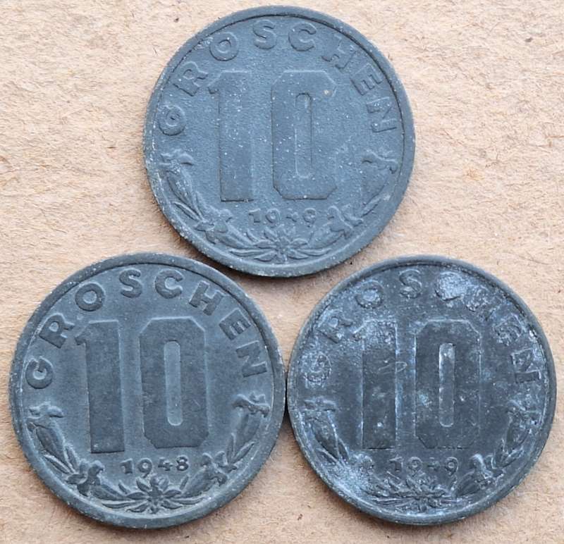 Austria 1947 and 1949 10 Groschen Zinc