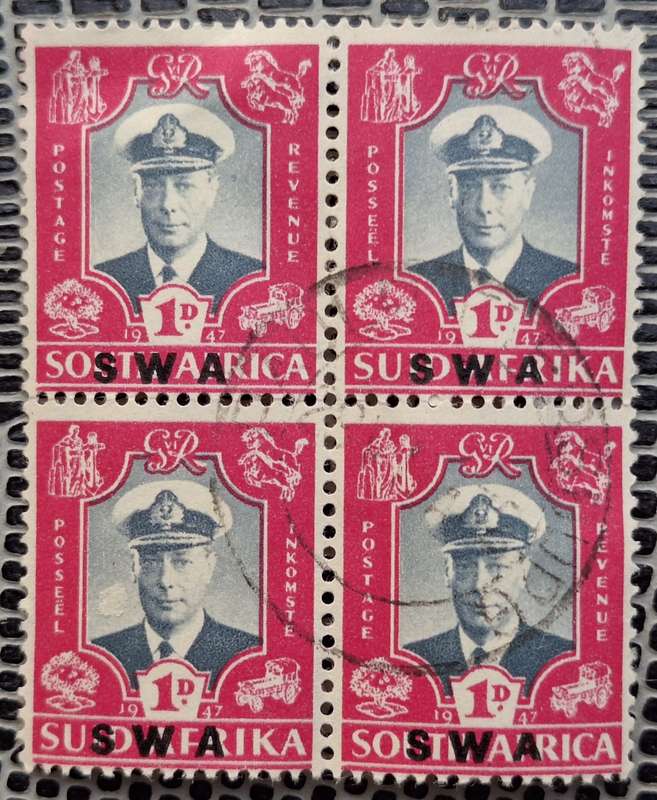 South West Africa 1947 Royal Visit overprint on South Africa 1d stamp Block of 4 Used stamps