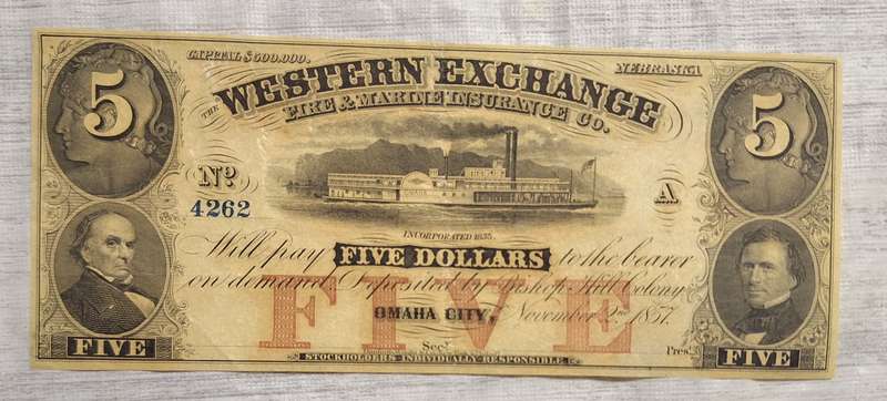Western Exchange : Nebraska, Oklahoma City : FIVE DOLLARS - OBSOLETE NOTE : NO.4262 NOV 1857