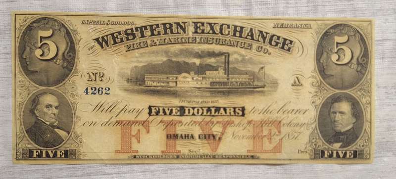 Western Exchange : Nebraska, Oklahoma City : FIVE DOLLARS - OBSOLETE NOTE : NO.4262 NOV 1857