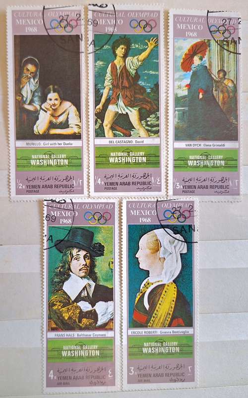 Yemen 1968 Famous Paintings National Gallery Washington 5 Cancelled hinged stamps