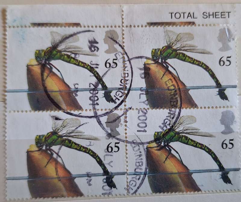 GB 2001 Pond Life: Southern Hawker Dragonfly Block of 4 Used 65p. stamps