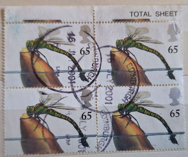 GB 2001 Pond Life: Southern Hawker Dragonfly Block of 4 Used 65p. stamps