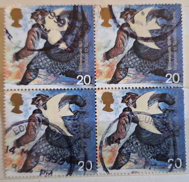GB 1999  The Settlers' Tale: Dove and Norman Settler Block of 4 Used stamps