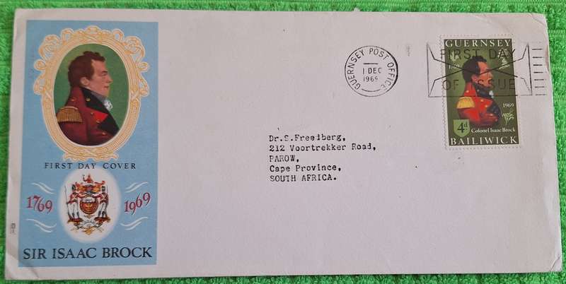 Guernsey 1969 Sir Isaac Brock FDC Postally Used with Customs Stamped on back