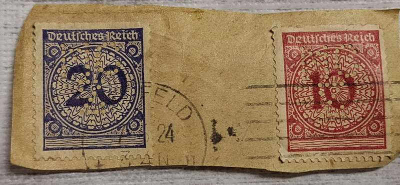Germany 1923 10 and 20 Mark Pre Hyperinflation Weimar Republic Used Perfins on paper date stamp 1924