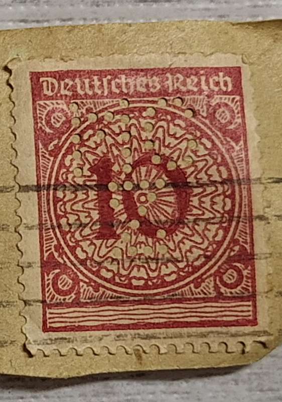 Germany 1923 10 and 20 Mark Pre Hyperinflation Weimar Republic Used Perfins on paper date stamp 1924