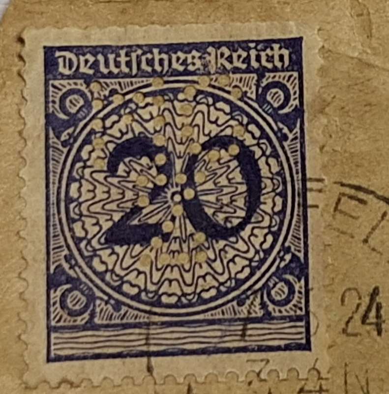 Germany 1923 10 and 20 Mark Pre Hyperinflation Weimar Republic Used Perfins on paper date stamp 1924