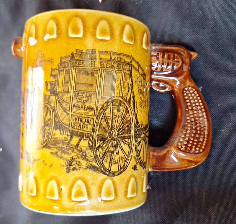 Vintage Overland Stage Ceramic Beer Mug by Elweco with Gun shaped handle