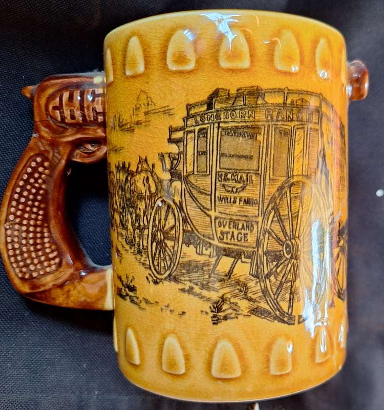 Vintage Overland Stage Ceramic Beer Mug by Elweco with Gun shaped handle