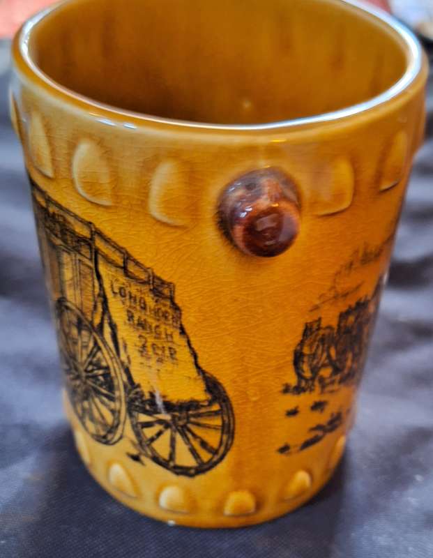Vintage Overland Stage Ceramic Beer Mug by Elweco with Gun shaped handle