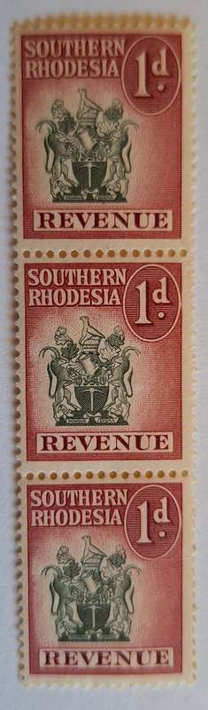 Southern Rhodesia Revenue 1954 1d Revenue Strip of 3 Mint stamps