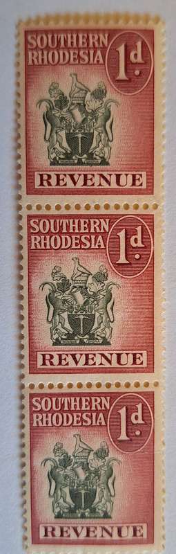 Southern Rhodesia Revenue 1954 1d Revenue Strip of 3 Mint stamps