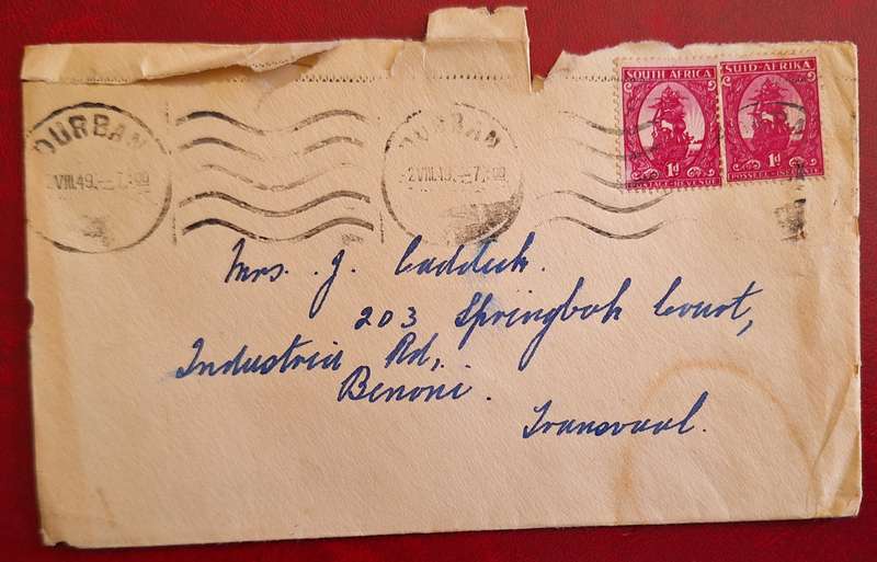 Union of South Africa 1949 Envelope posted Durban to Benoni with 2 1d stamps