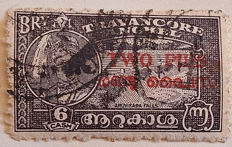 Travancore Anchel 1946 Maharaja and Aruvikara Falls 6 Cash overprint in Red Two Pies 1 Used Hinged