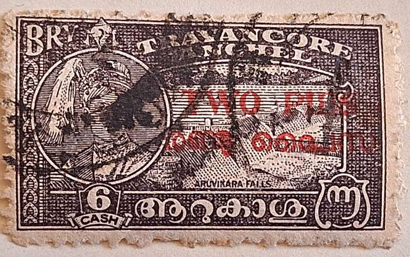 Travancore Anchel 1946 Maharaja and Aruvikara Falls 6 Cash overprint in Red Two Pies 1 Used Hinged