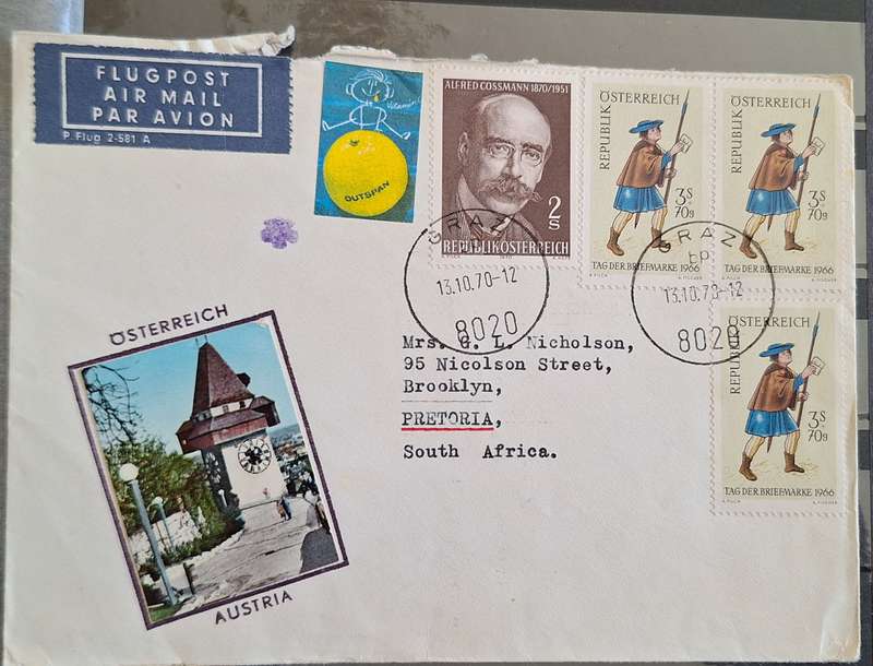 Envelope posted 1970 Graz to Pretoria with various stamps
