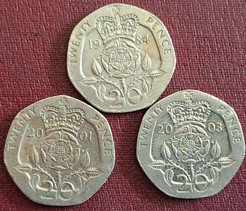 GB 20p 3 Coins 1984 2001 2003 Copper-nickel