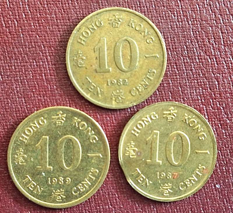 Hong Kong 1982 1987 1989 3x10 cents Nickel brass