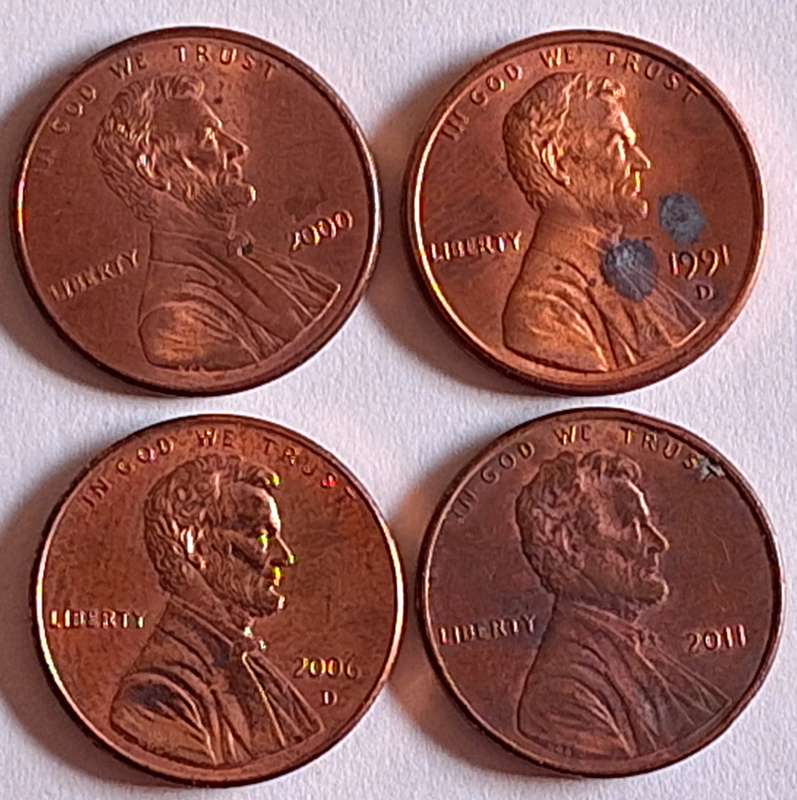 USA 4 X 1 Cent "Lincoln Memorial Cent" AND "Lincoln Cent - Shield Reverse" copper plated zinc