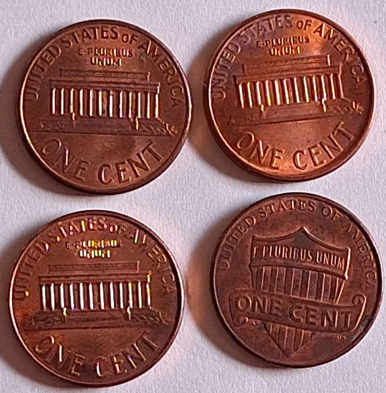 USA 4 X 1 Cent "Lincoln Memorial Cent" AND "Lincoln Cent - Shield Reverse" copper plated zinc