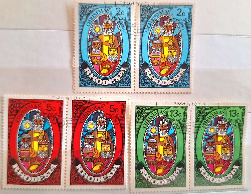 Rhodesia 1972 Christmas Issue Set of 3 Cancelled in Pairs with Sheet numbers