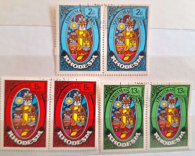 Rhodesia 1972 Christmas Issue Set of 3 Cancelled in Pairs with Sheet numbers