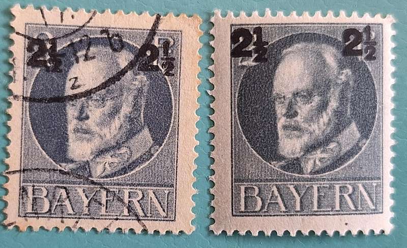 Bayern 1916-1918 King Ludwig III Definitive Surcharged 2 1/2 pfenning 1 Used and 1 Mint stamp