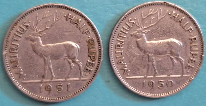 Mauritius 1950 and 1951 Half ½ Rupee George VI Copper-nickel