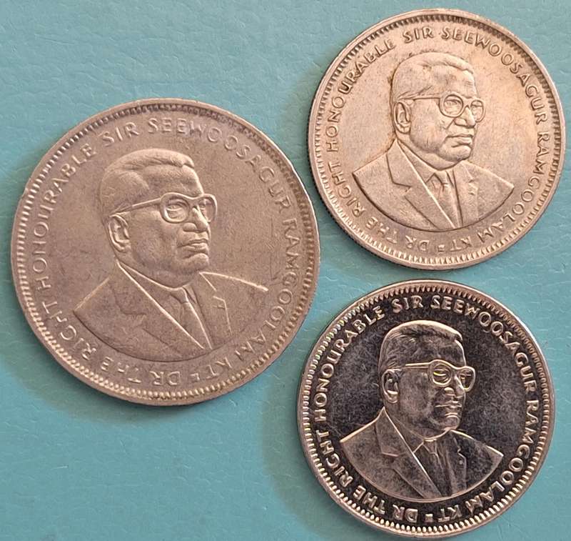 Mauritius 1992 Copper-nickel 5 Rupees,  1993 Copper-nickel 1 Rupee, 2012 Nickel plated steel 1 Rupee
