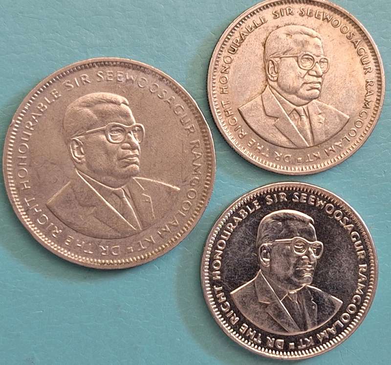 Mauritius 1992 Copper-nickel 5 Rupees,  1993 Copper-nickel 1 Rupee, 2012 Nickel plated steel 1 Rupee
