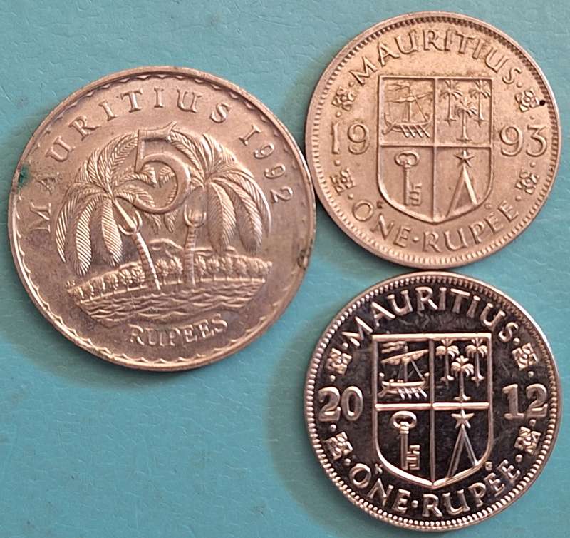 Mauritius 1992 Copper-nickel 5 Rupees,  1993 Copper-nickel 1 Rupee, 2012 Nickel plated steel 1 Rupee