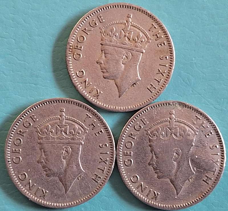 Mauritius 1950x2 and 1951 George VI Quarter ¼ Rupee Copper-nickel