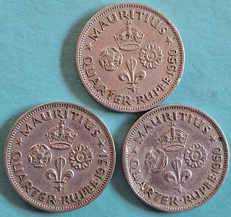 Mauritius 1950x2 and 1951 George VI Quarter ¼ Rupee Copper-nickel