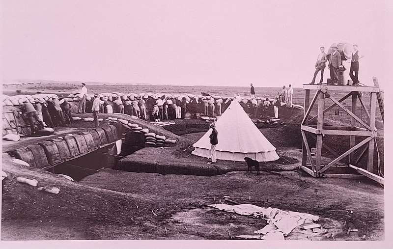 Black and White Photograph Kimberley Seige Defences: Trenches, Shelter and Searchlight