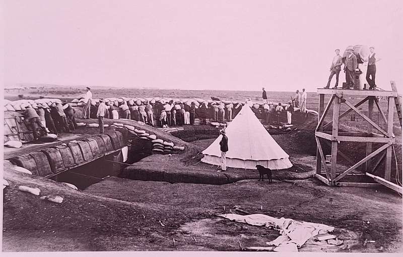 Black and White Photograph Kimberley Seige Defences: Trenches, Shelter and Searchlight