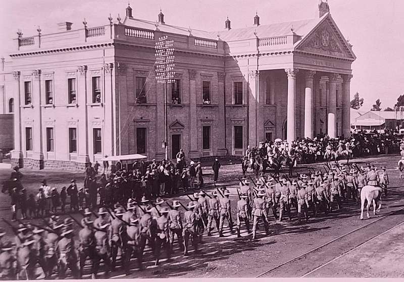 Black and White Photograph 1899 March Past Kimberley Town Hall before Seige